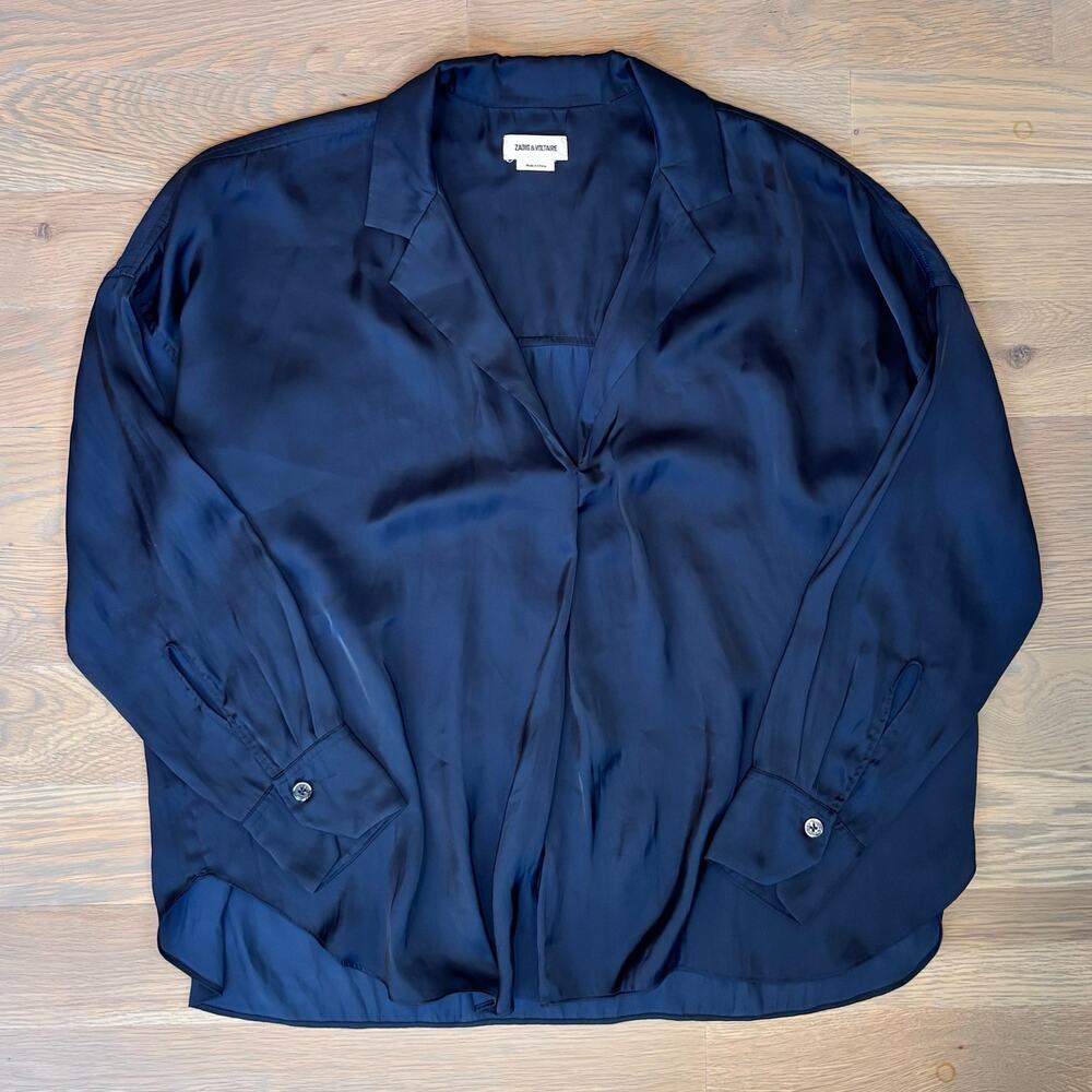 Zadig & Voltaire Tamy Satin Blouse Navy Oversized Quiet Lux Womens Size Small - Picture 2 of 10
